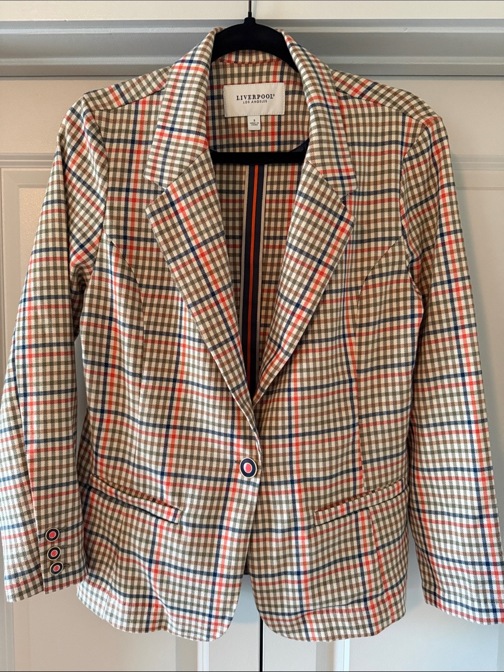 Liverpool Plaid Single-Button Blazer in Beige with Red & Blue Accents